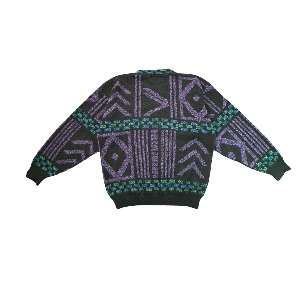 Vintage 80s Southwestern Geometric Leather Chevron Knit Sweater Black M