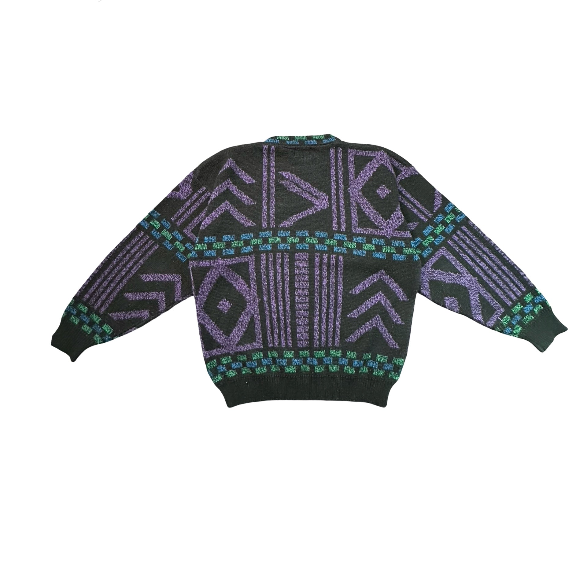 Vintage 80s Southwestern Geometric Leather Chevron Knit Sweater Black M