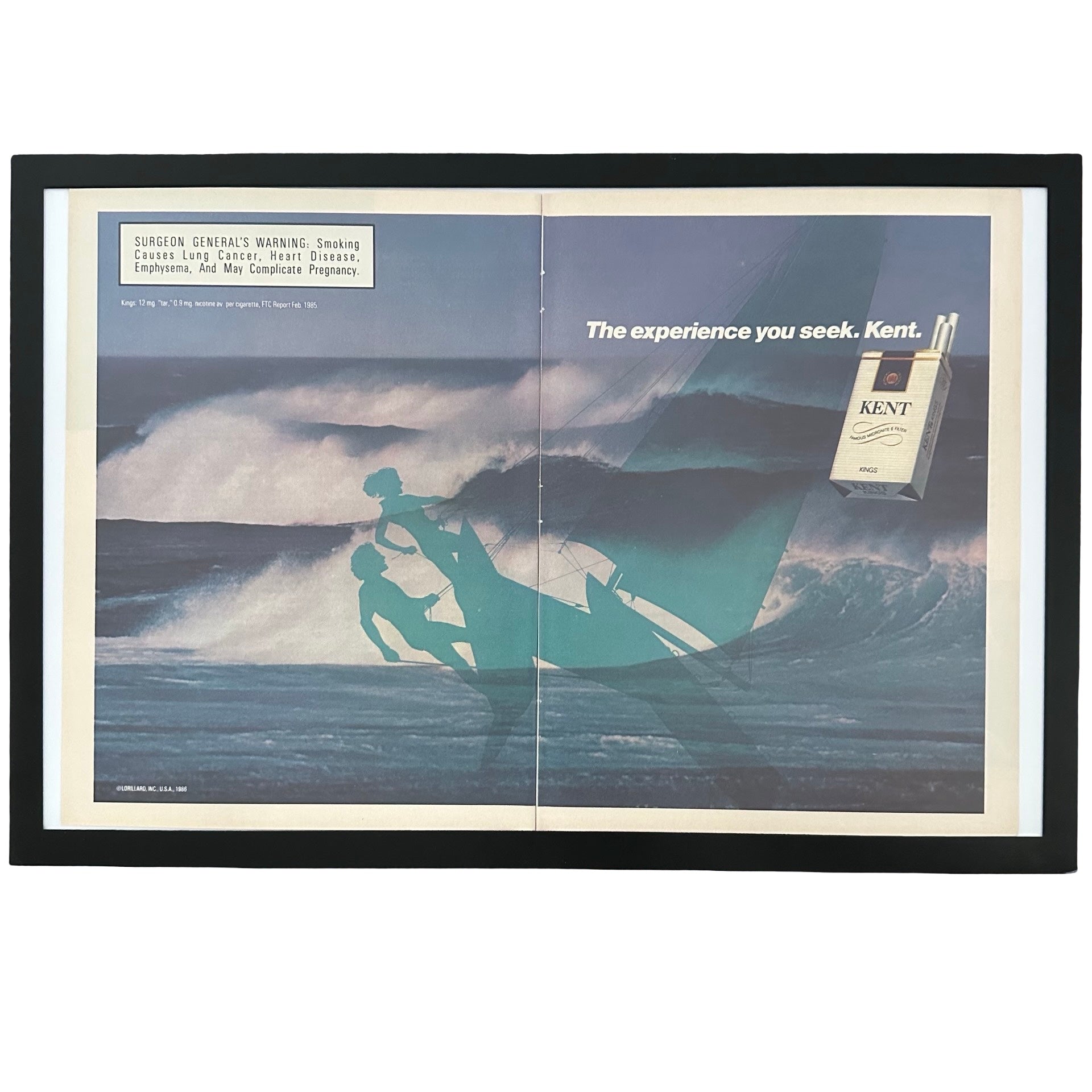 Framed vintage Kent cigarettes sailing double page magazine ad on white background