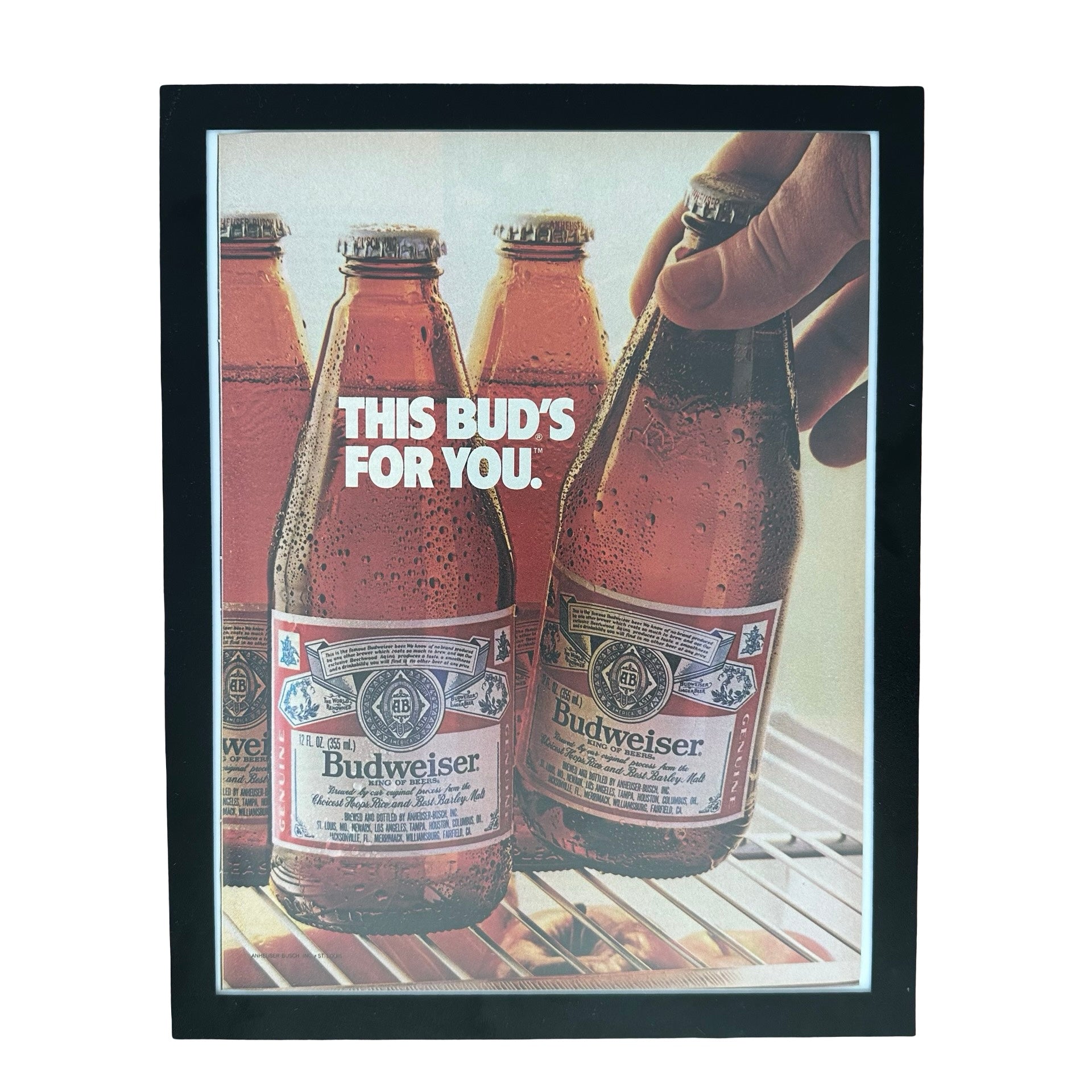 Budweiser This Buds For You Beer Bottles Framed Vintage Magazine Ad