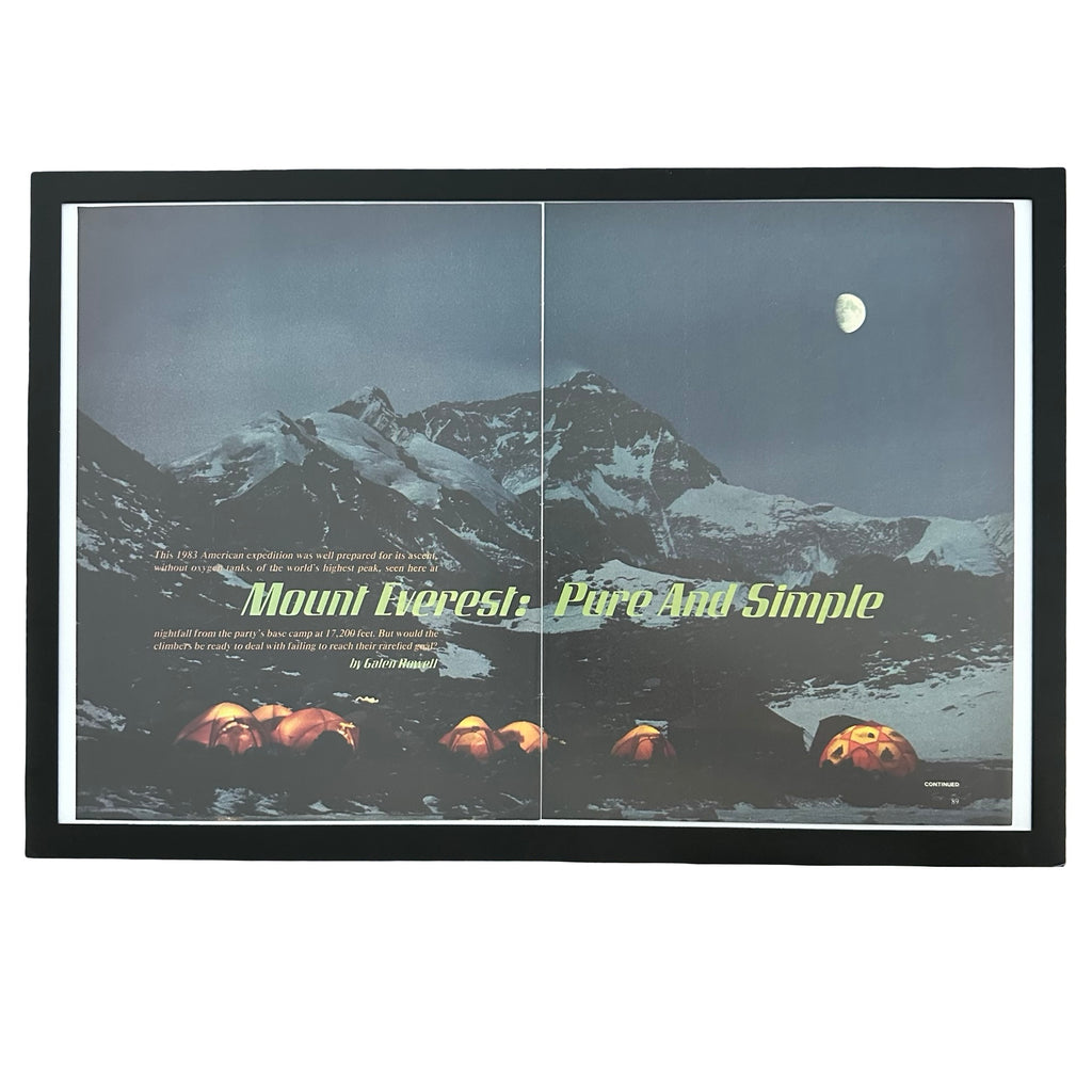 Framed vintage Mount Everest double page magazine article print on white background