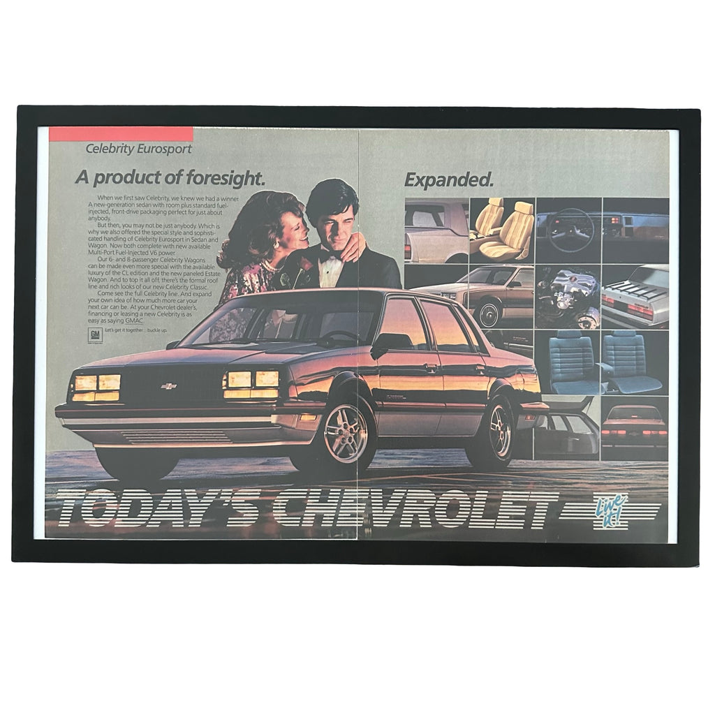 Framed vintage Chevrolet Celebrity Eurosport double page magazine ad on white background