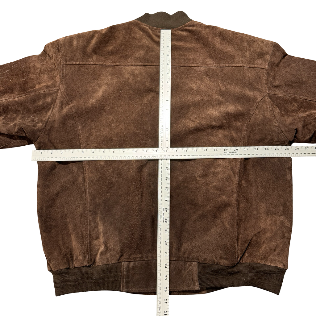 Brown suede bomber measurements with ruler