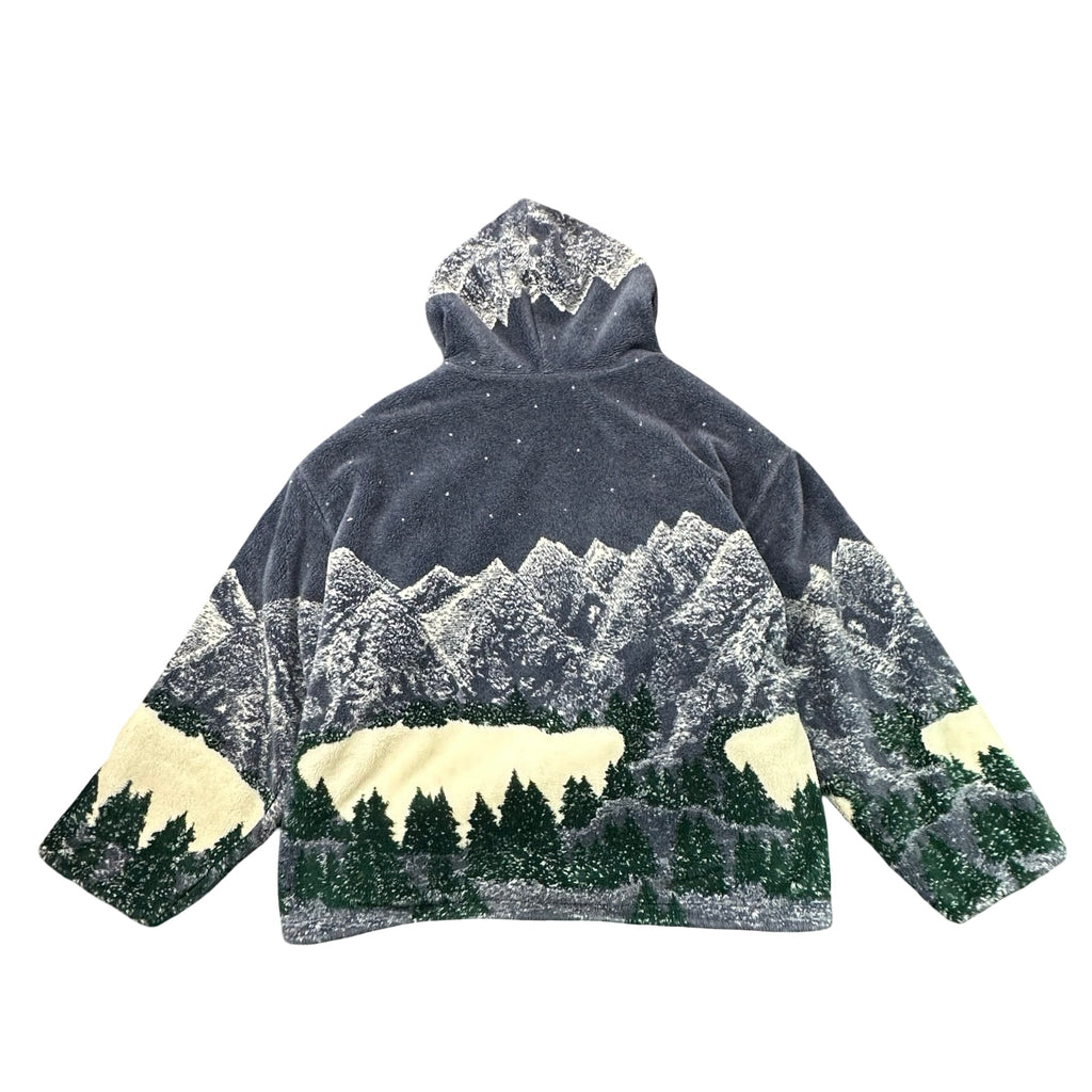 Vintage Country Woods Sherpa Lined Mountain Wolf Print Fleece Zip Jacket 2XL