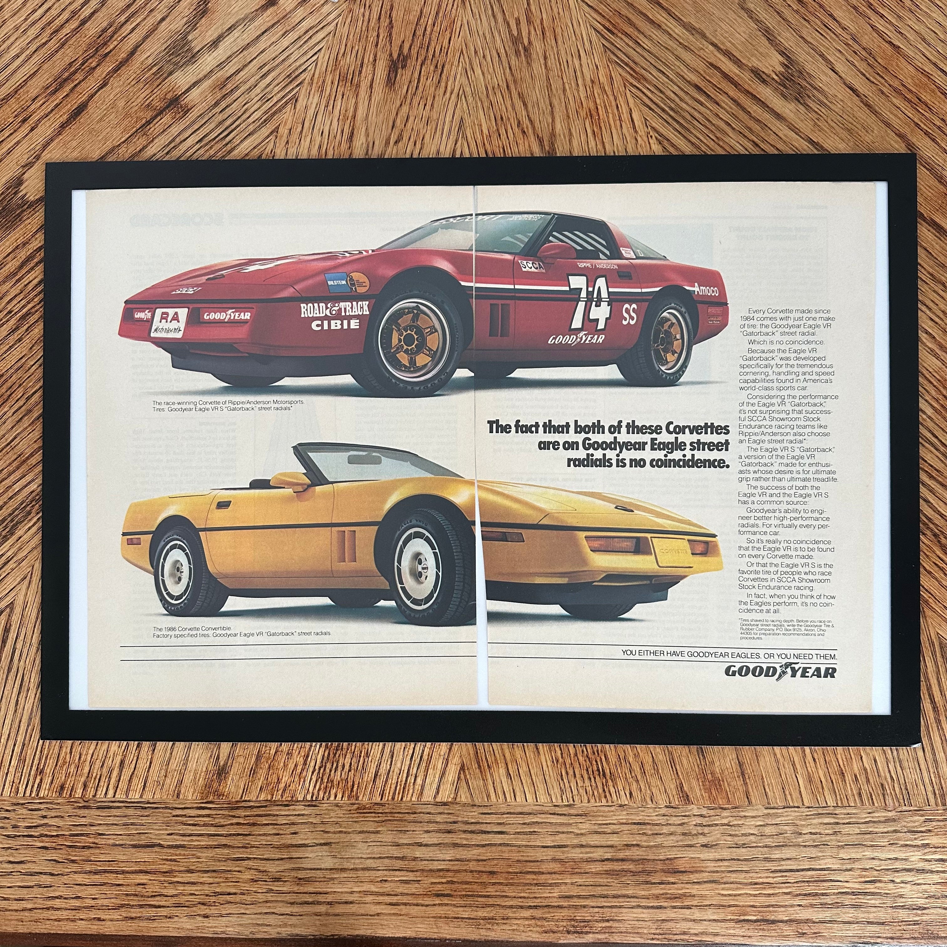 Framed vintage Goodyear Eagle Corvette double page magazine ad