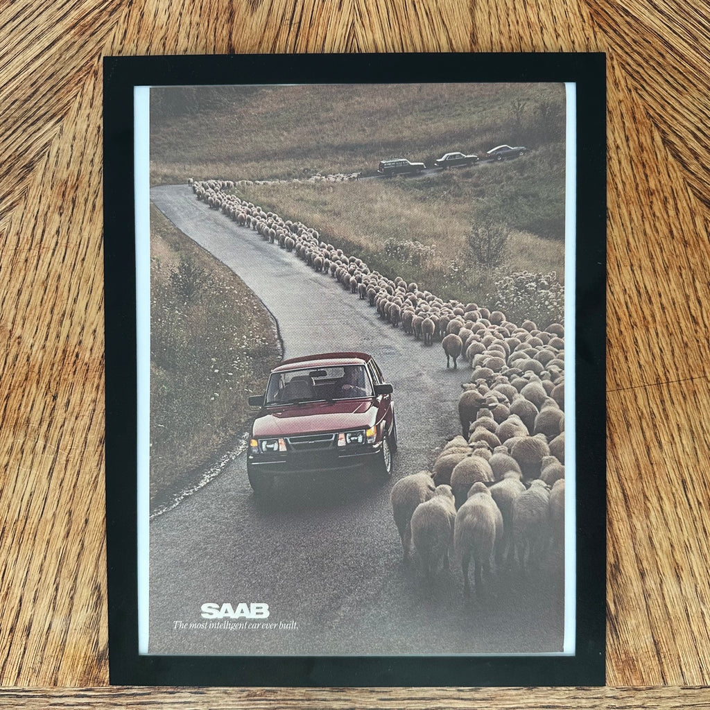 Saab Sedan Sheep Herd Country Road Framed Vintage Magazine Ad
