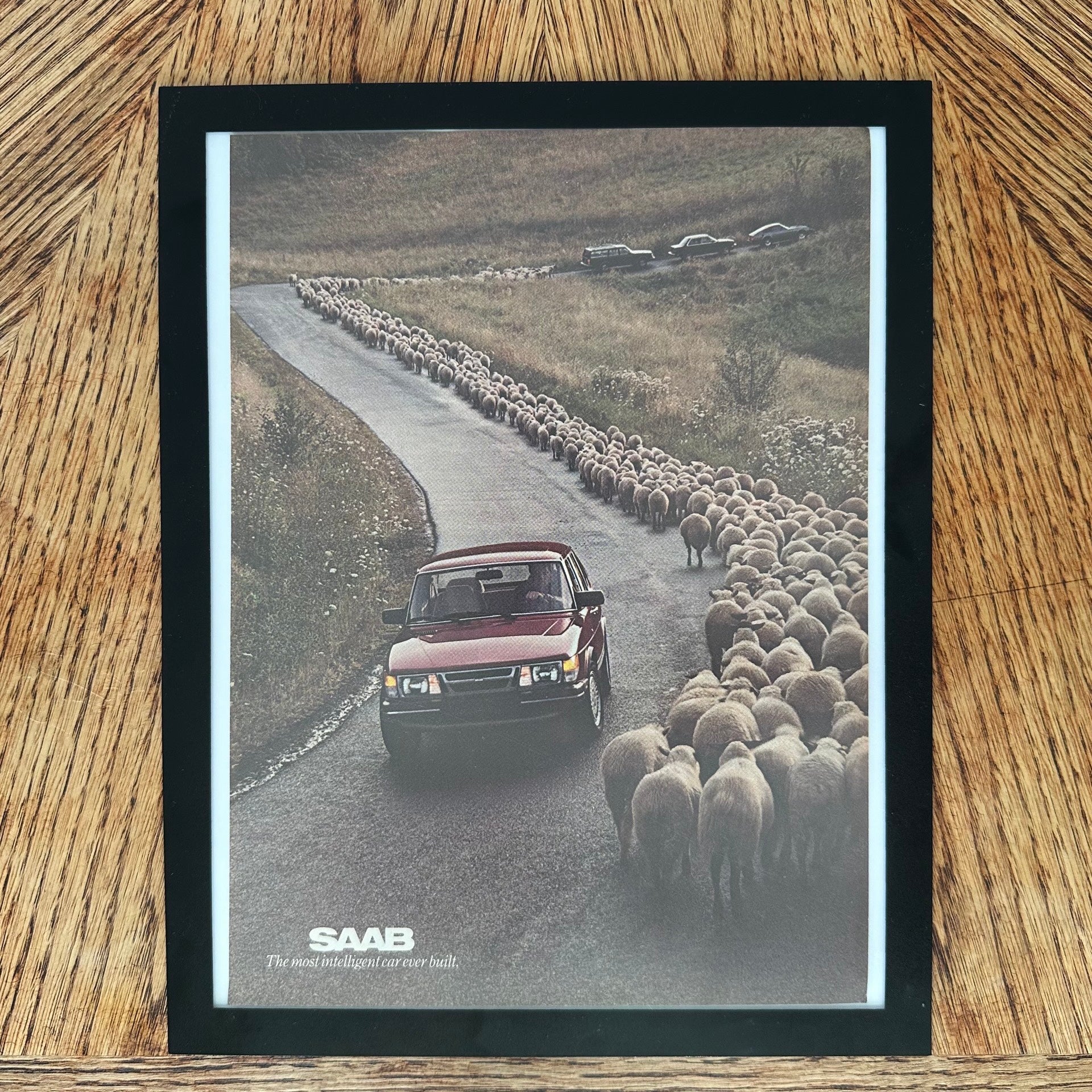 Saab Sedan Sheep Herd Country Road Framed Vintage Magazine Ad