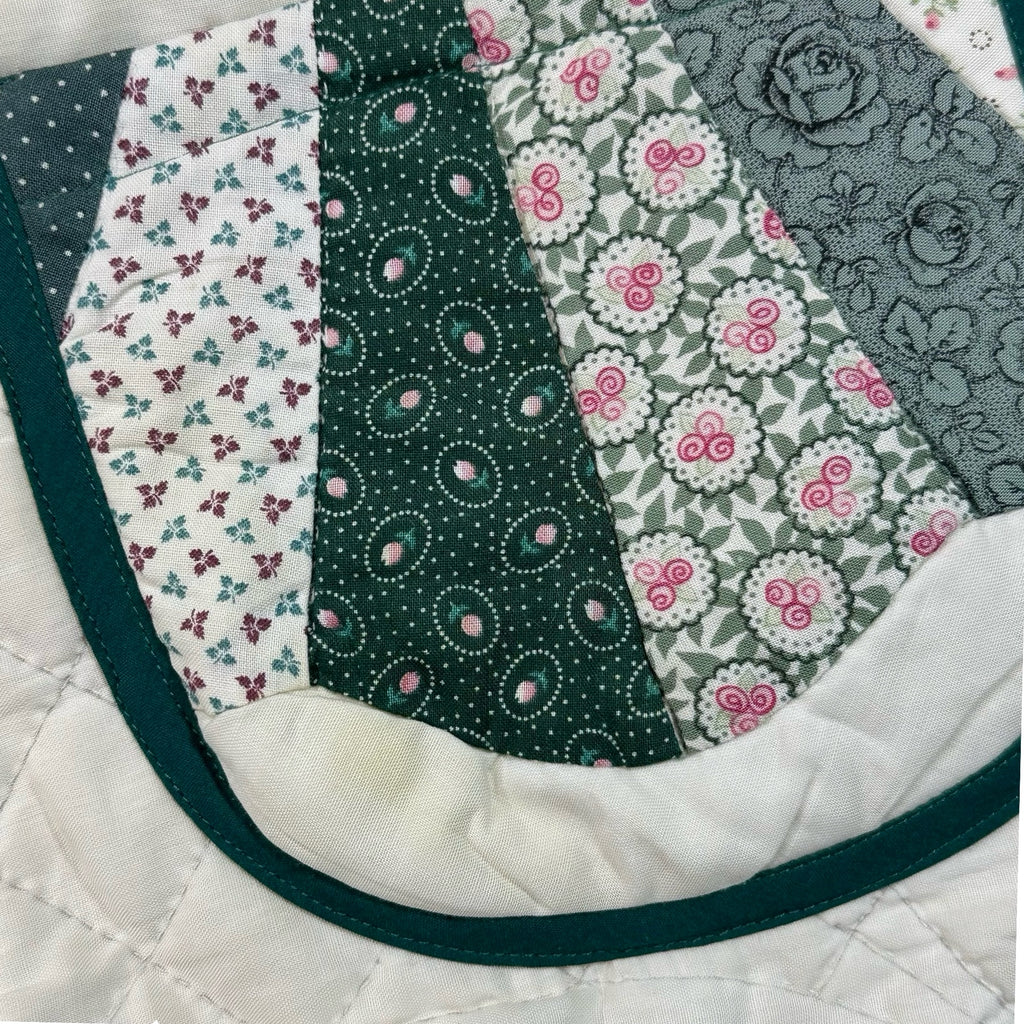 Forest Fan Patchwork XL quilted vest rework, fan block quilt fabric detail