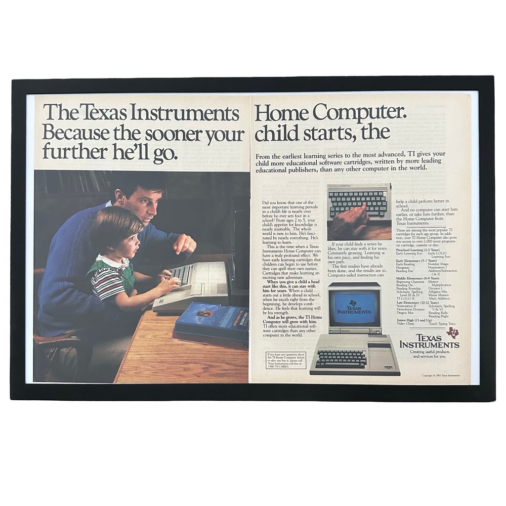 Framed vintage Texas Instruments Home Computer double page magazine ad on white background