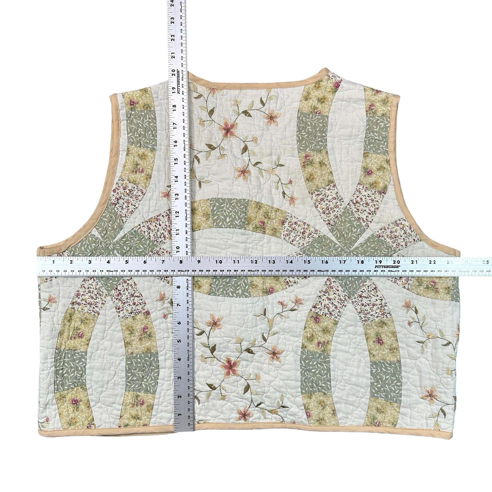 Sage Embroidered Wedding Ring XL quilted vest rework, tape measure across the chest