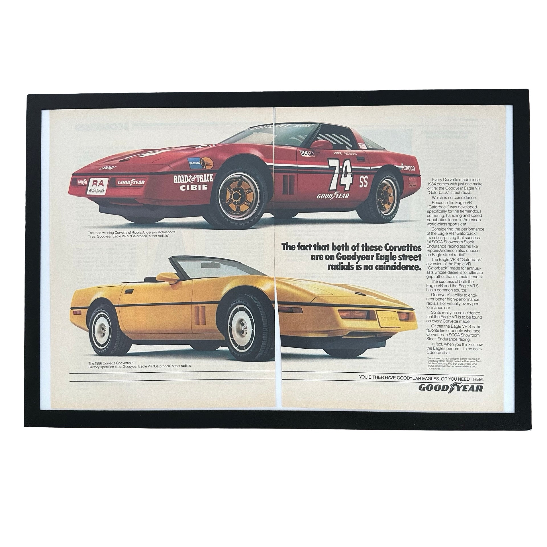 Framed vintage Goodyear Eagle Corvette double page magazine ad on white background