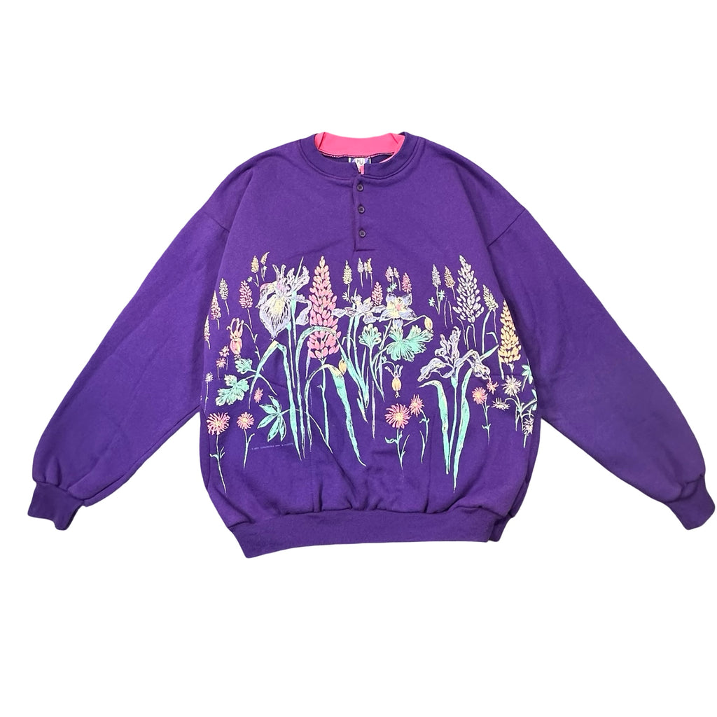 Vintage 90s Art Unlimited Wildflower Henley Sweatshirt Purple Made in USA L