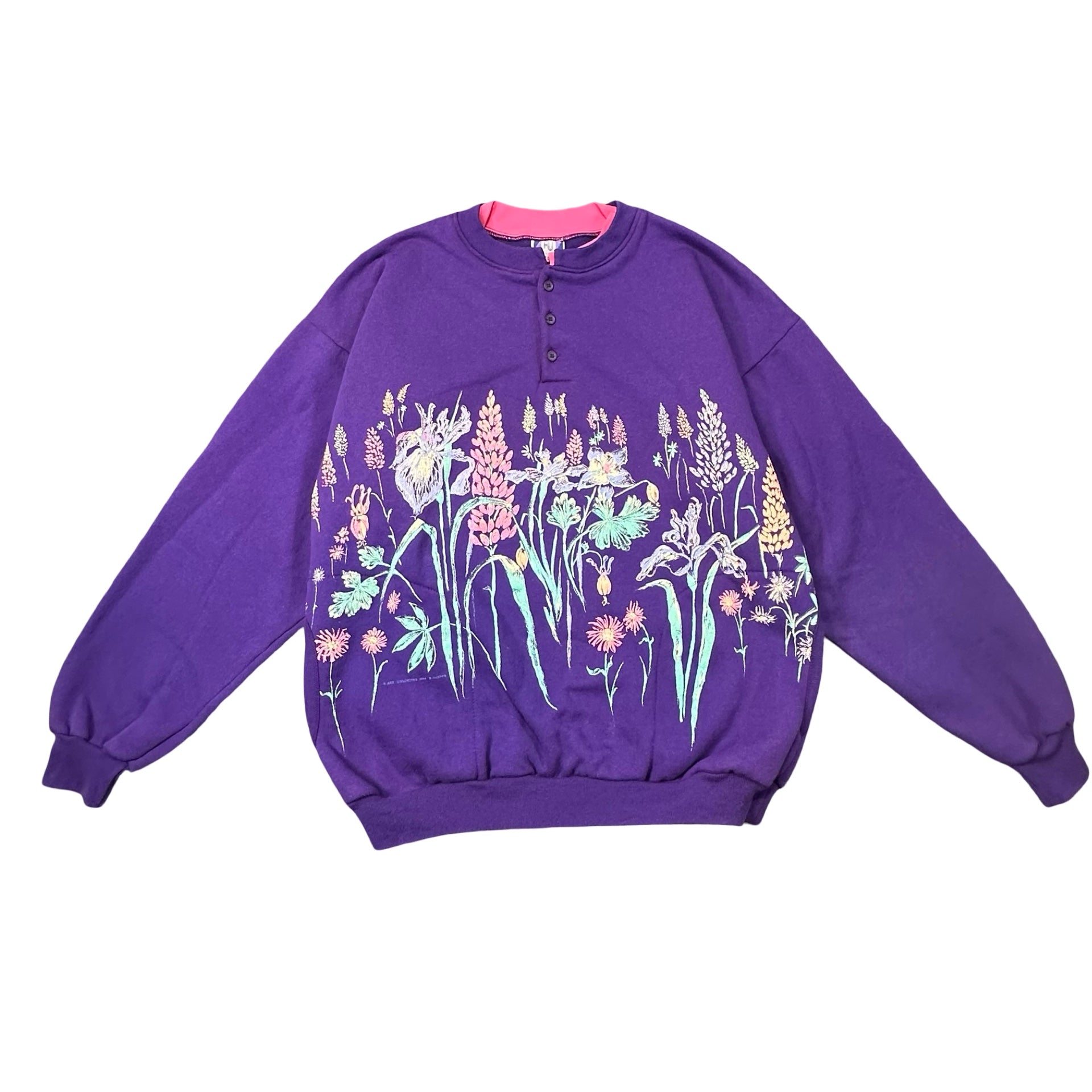 Vintage 90s Art Unlimited Wildflower Henley Sweatshirt Purple Made in USA L