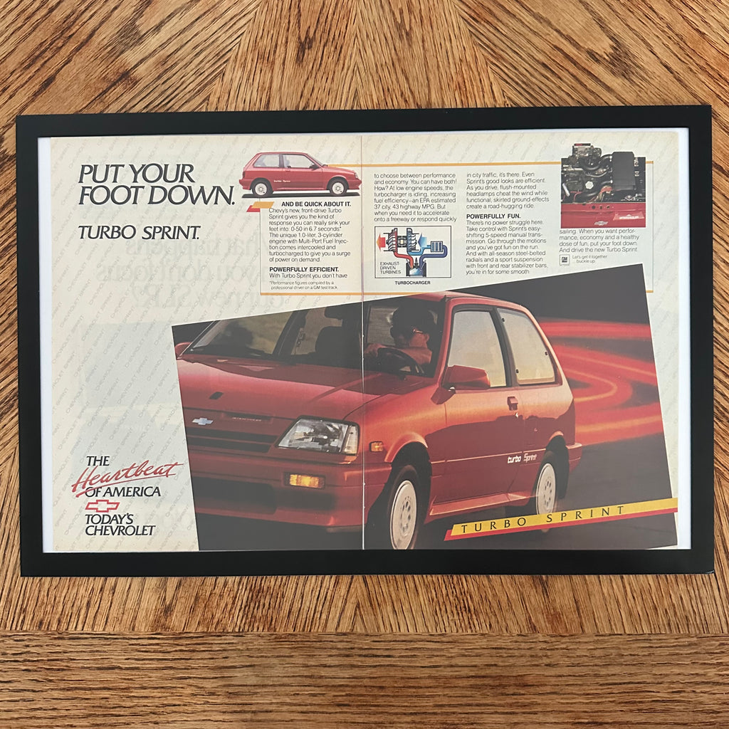 Framed vintage Chevrolet Turbo Sprint double page magazine ad