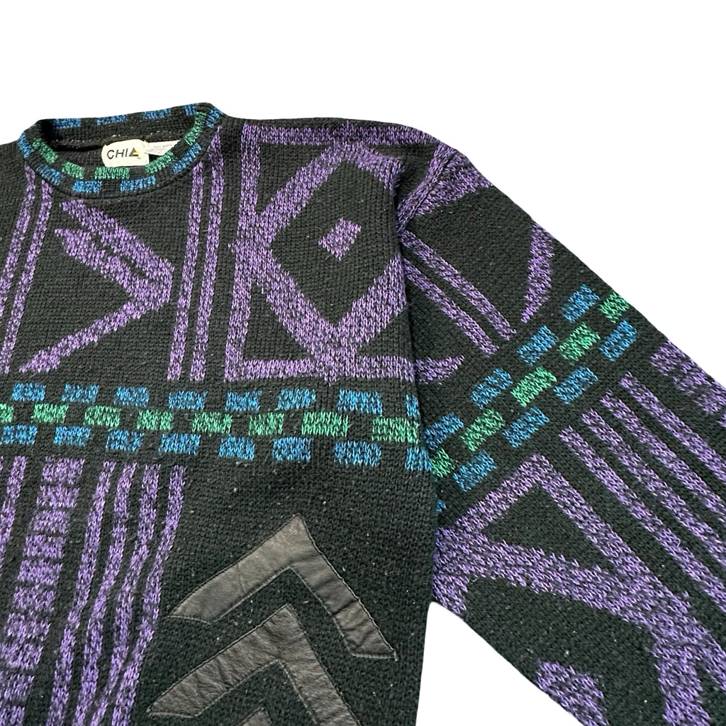Vintage 80s Southwestern Geometric Leather Chevron Knit Sweater Black M