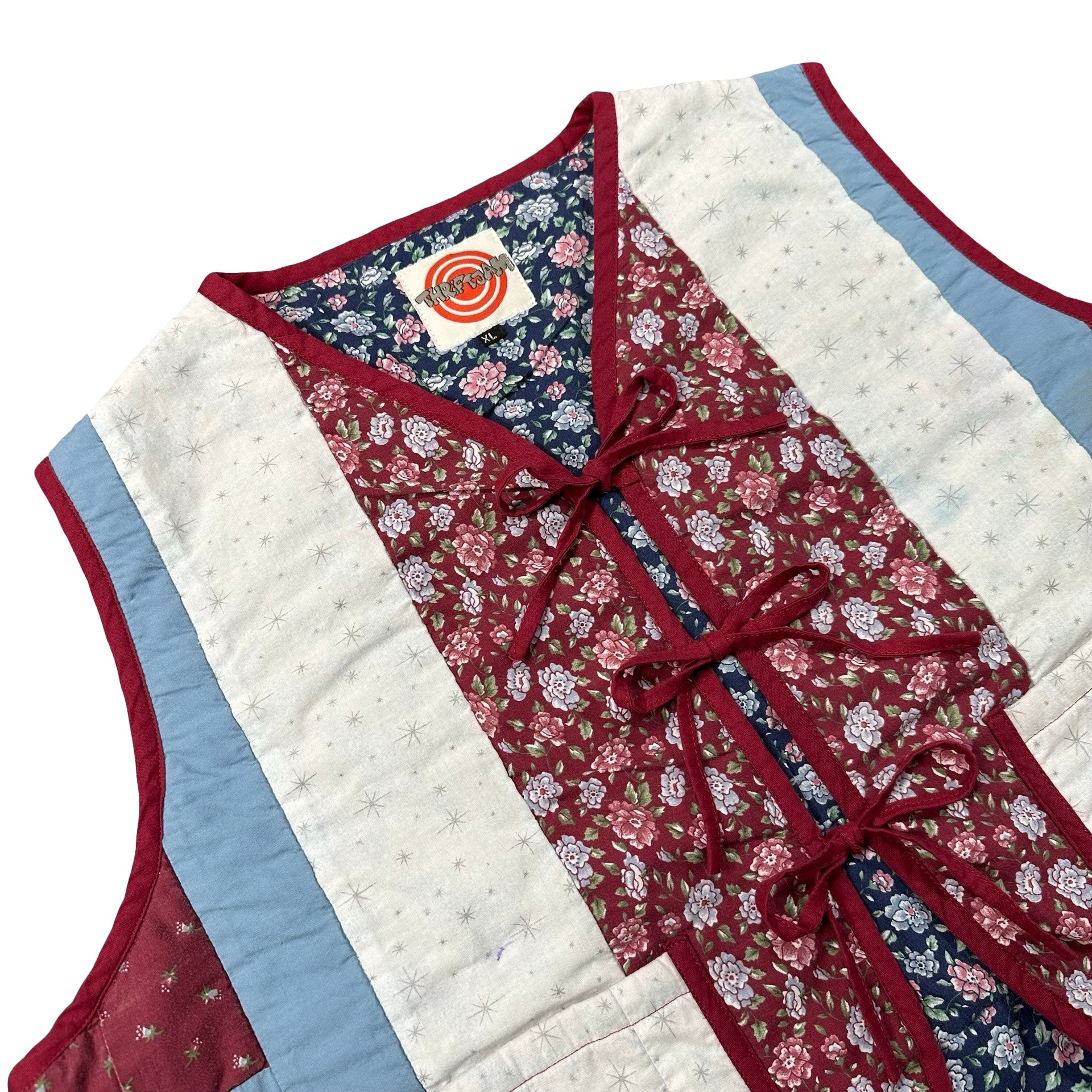 Burgundy Rose Log Cabin XL quilted vest rework, front tie closures