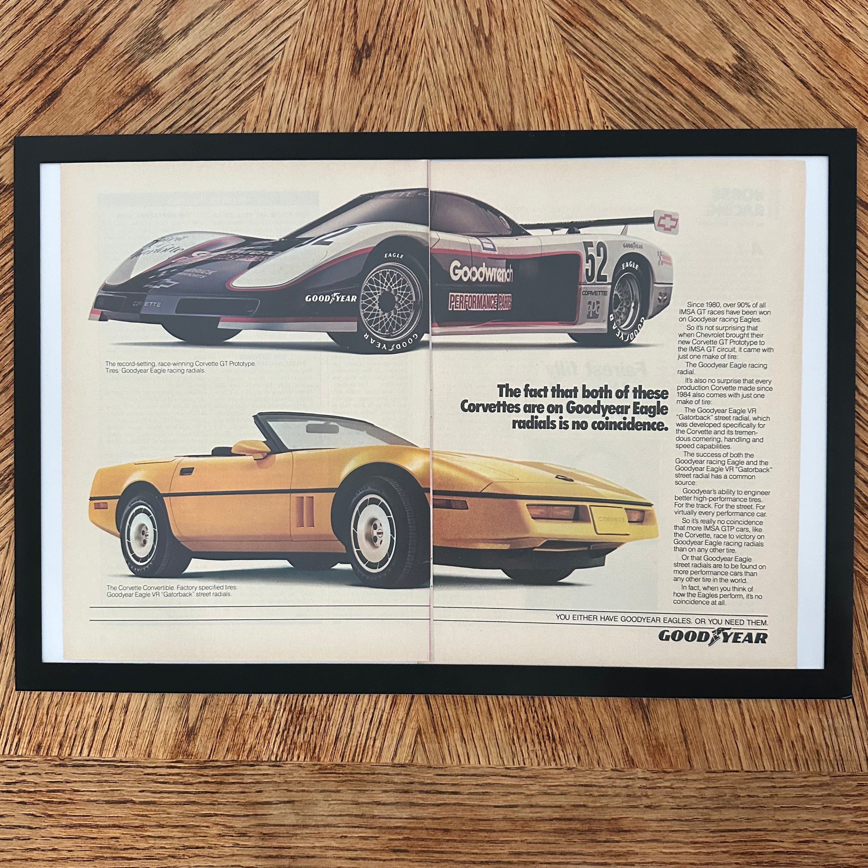 Framed vintage Goodyear Corvette GT Prototype double page magazine ad