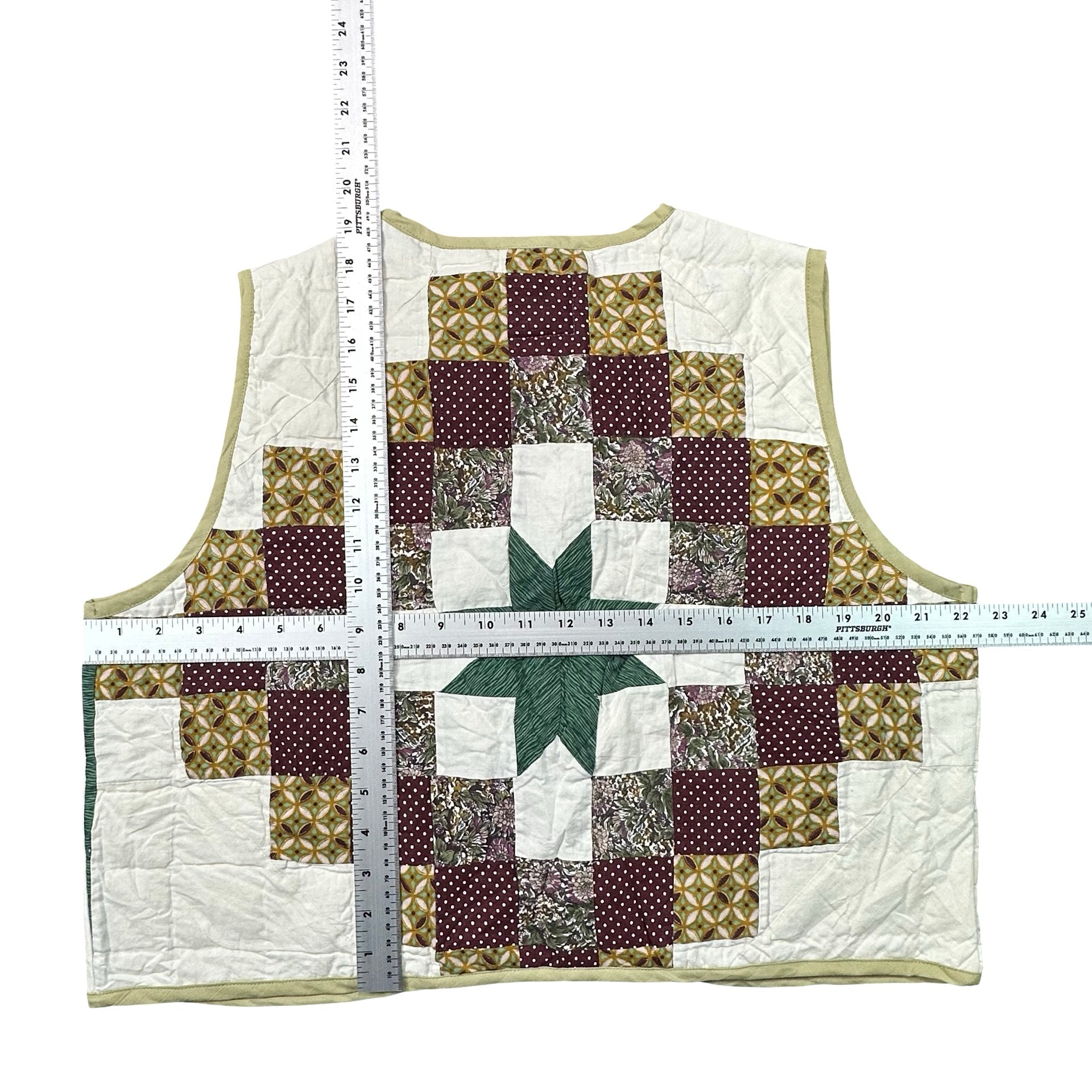 Plum Nine Patch Star L quilted vest rework - tape measure