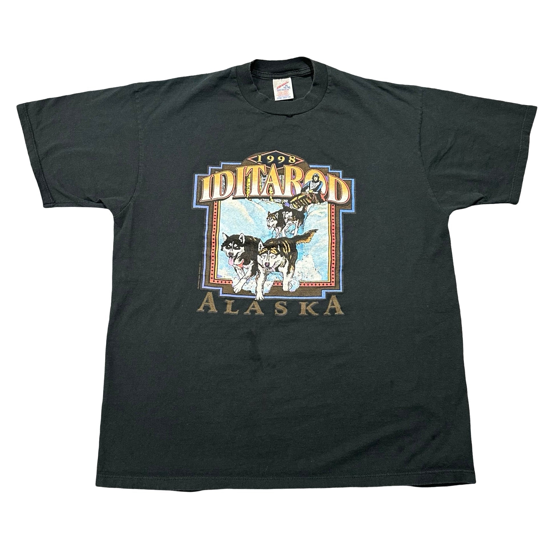 1998 Iditarod Alaska black sled dog tee front