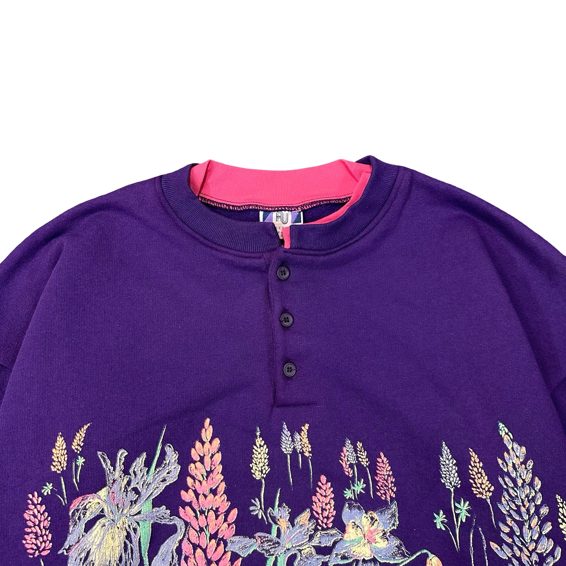 Vintage 90s Art Unlimited Wildflower Henley Sweatshirt Purple Made in USA L