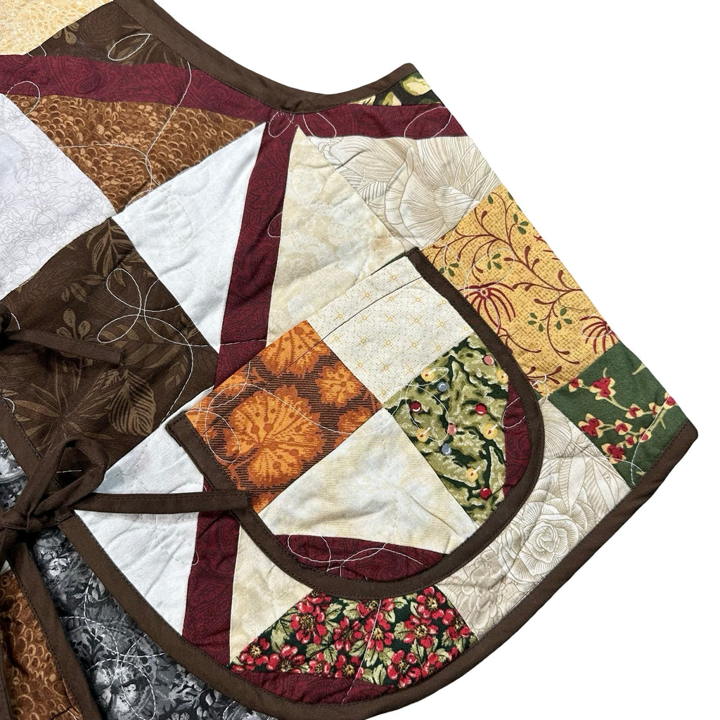 Autumn Earth Patchwork XL quilted vest rework, patch pocket detail