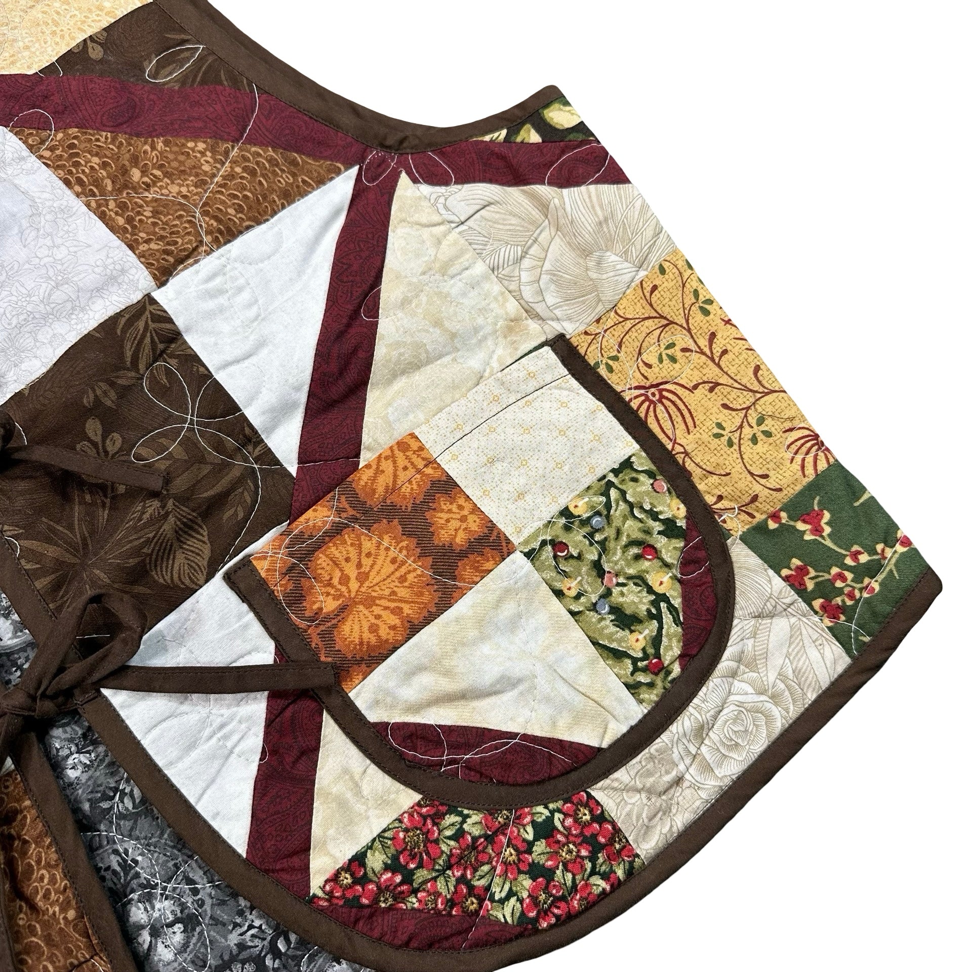 Autumn Earth Patchwork XL quilted vest rework, patch pocket detail