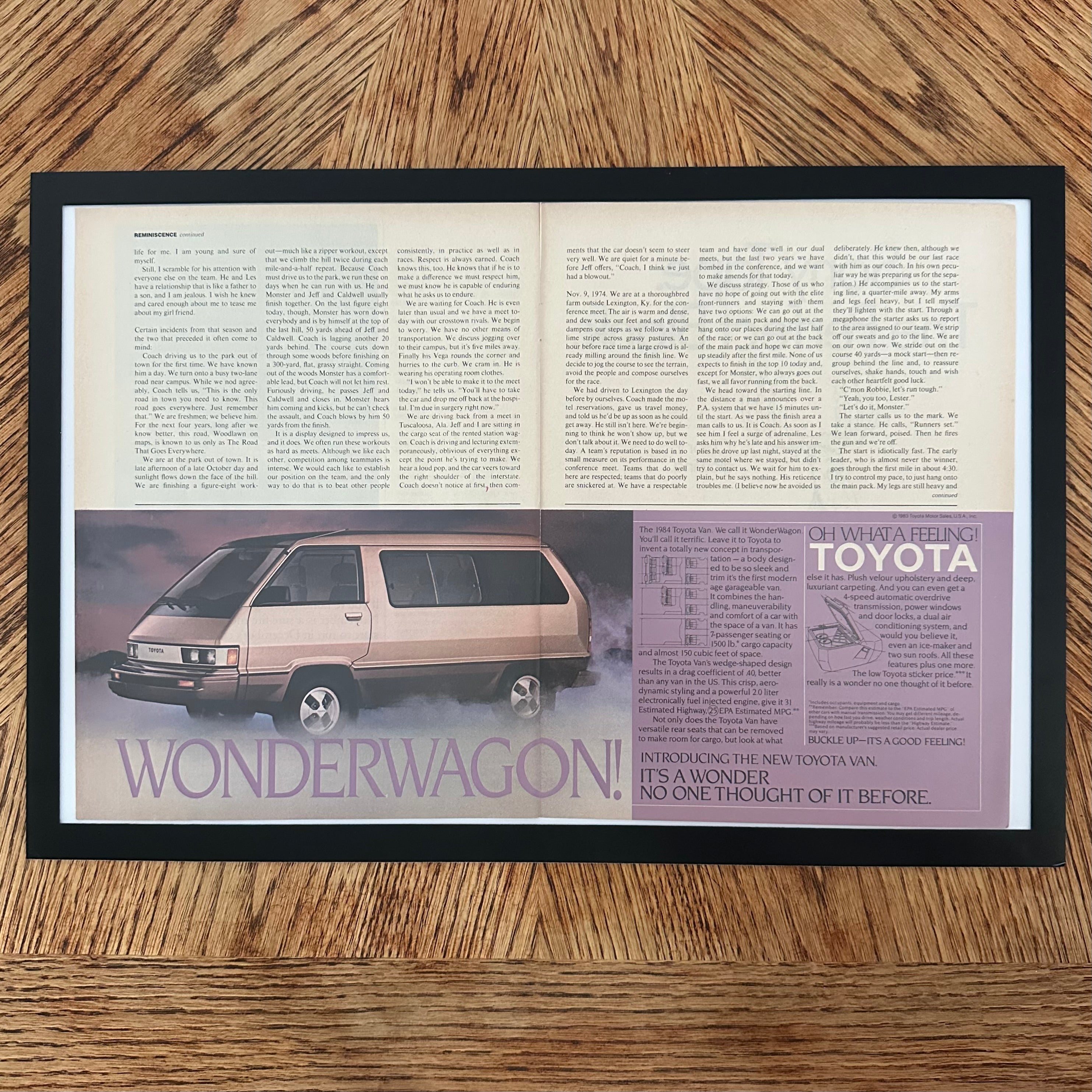 Framed vintage Toyota Van WonderWagon double page magazine ad