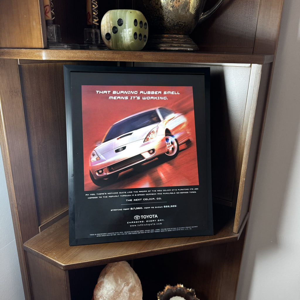 Vintage Toyota Celica Burning Rubber Car Ad 10x12 Framed Magazine Print