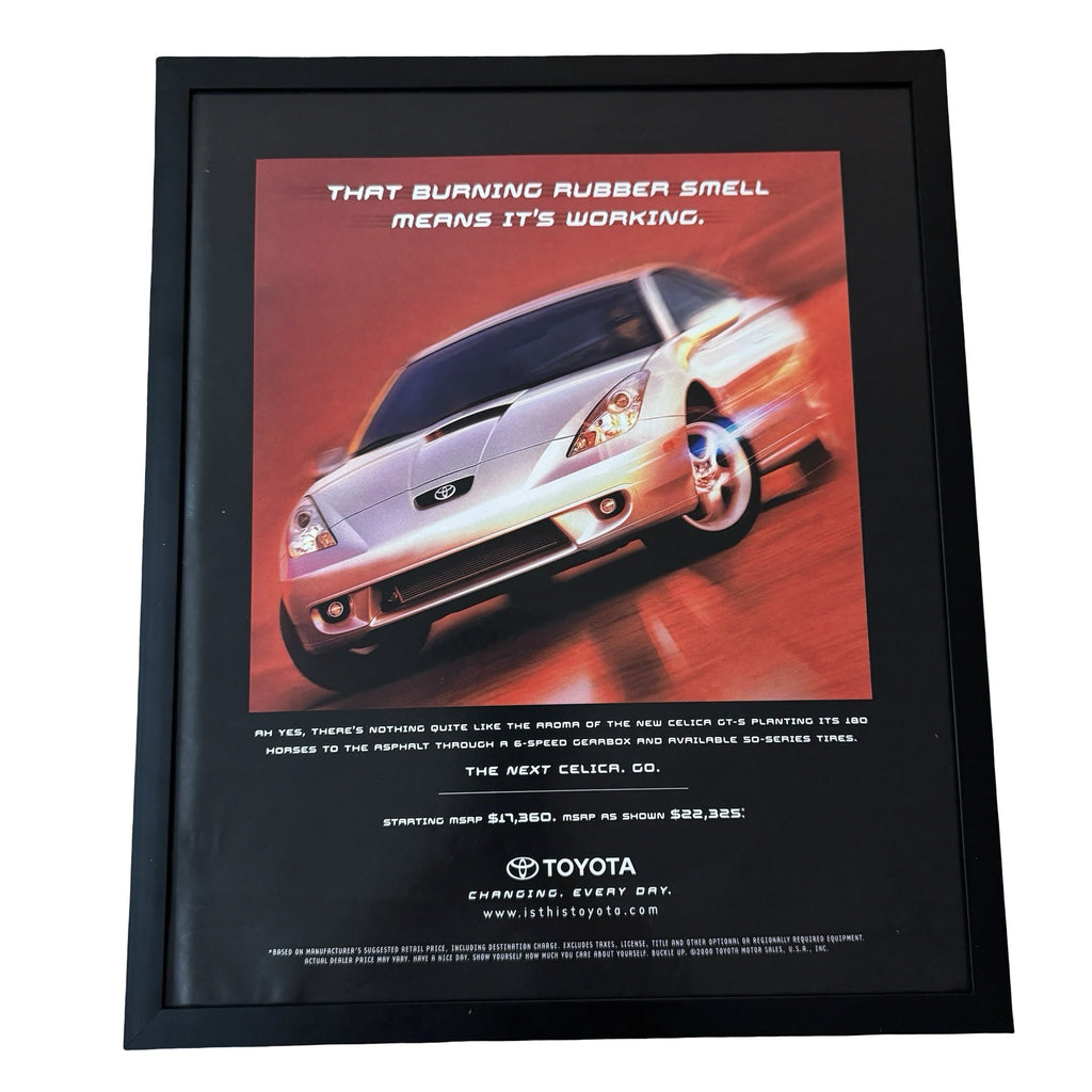 Vintage Toyota Celica Burning Rubber Car Ad 10x12 Framed Magazine Print