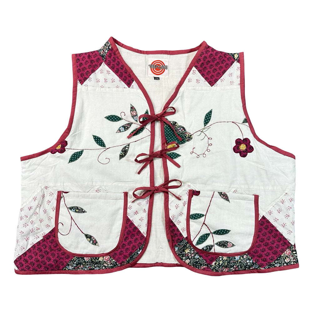 Cream Floral Applique 2XL quilted vest rework, front