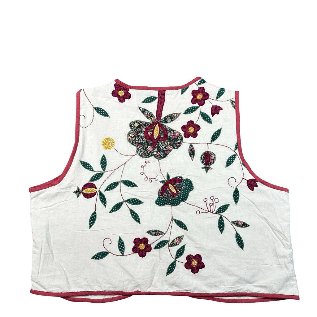 Cream Floral Applique 2XL quilted vest rework, back
