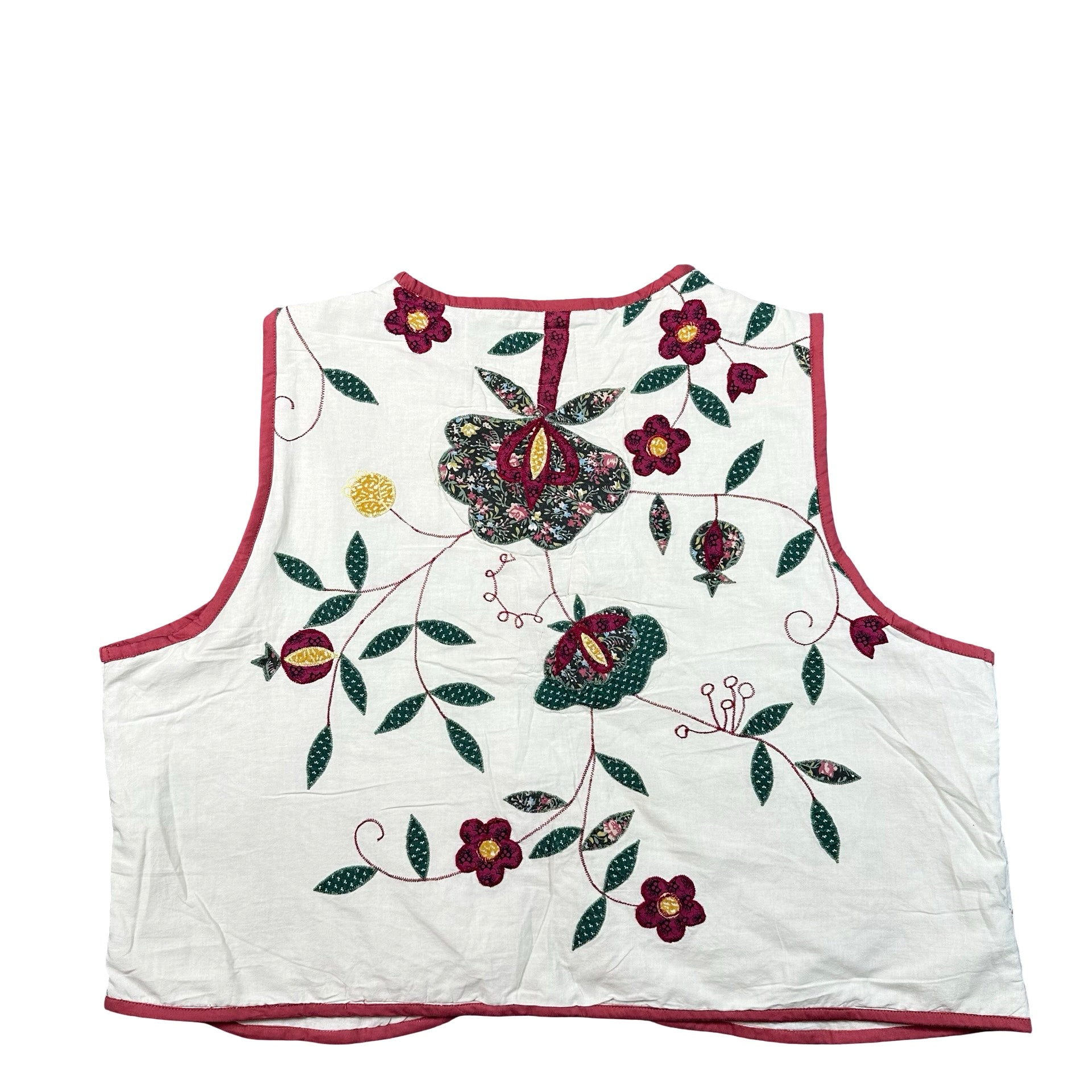 Cream Floral Applique 2XL quilted vest rework, back