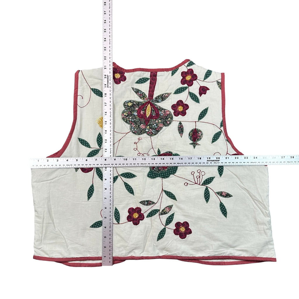 Cream Floral Applique 2XL quilted vest rework, flat lay measurements with tape measure