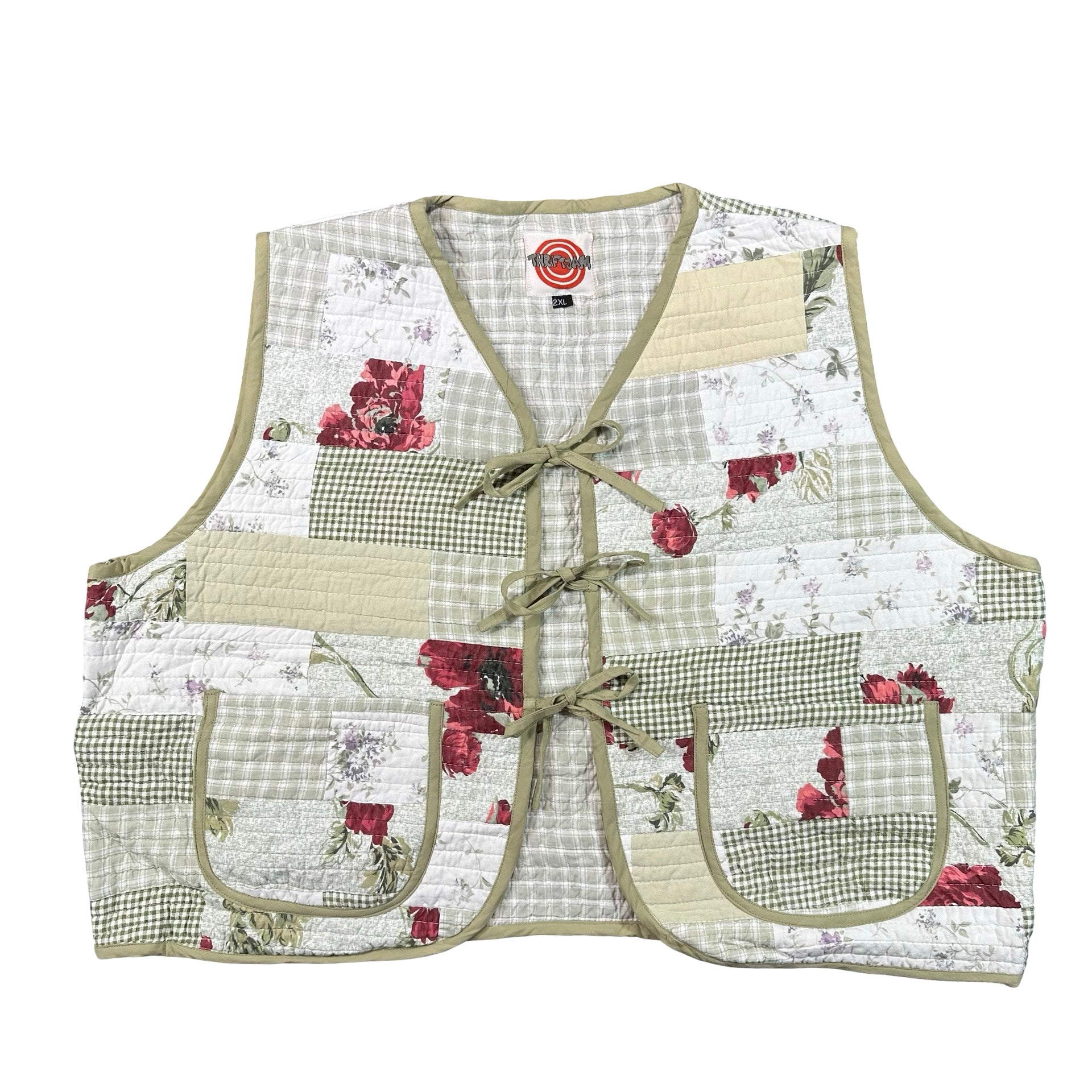 Sage Gingham and Rose 2XL quilted vest rework, front