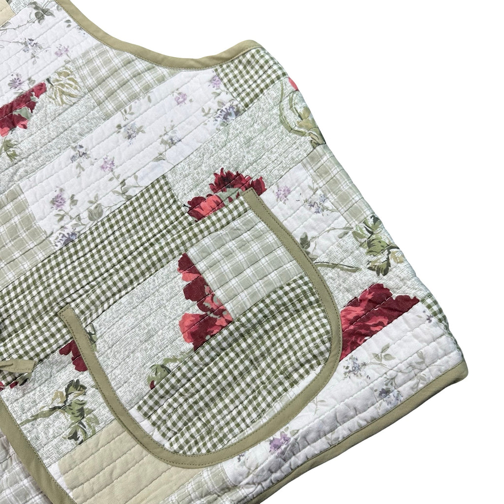 Sage Gingham and Rose 2XL quilted vest rework, front pocket and quilting detail