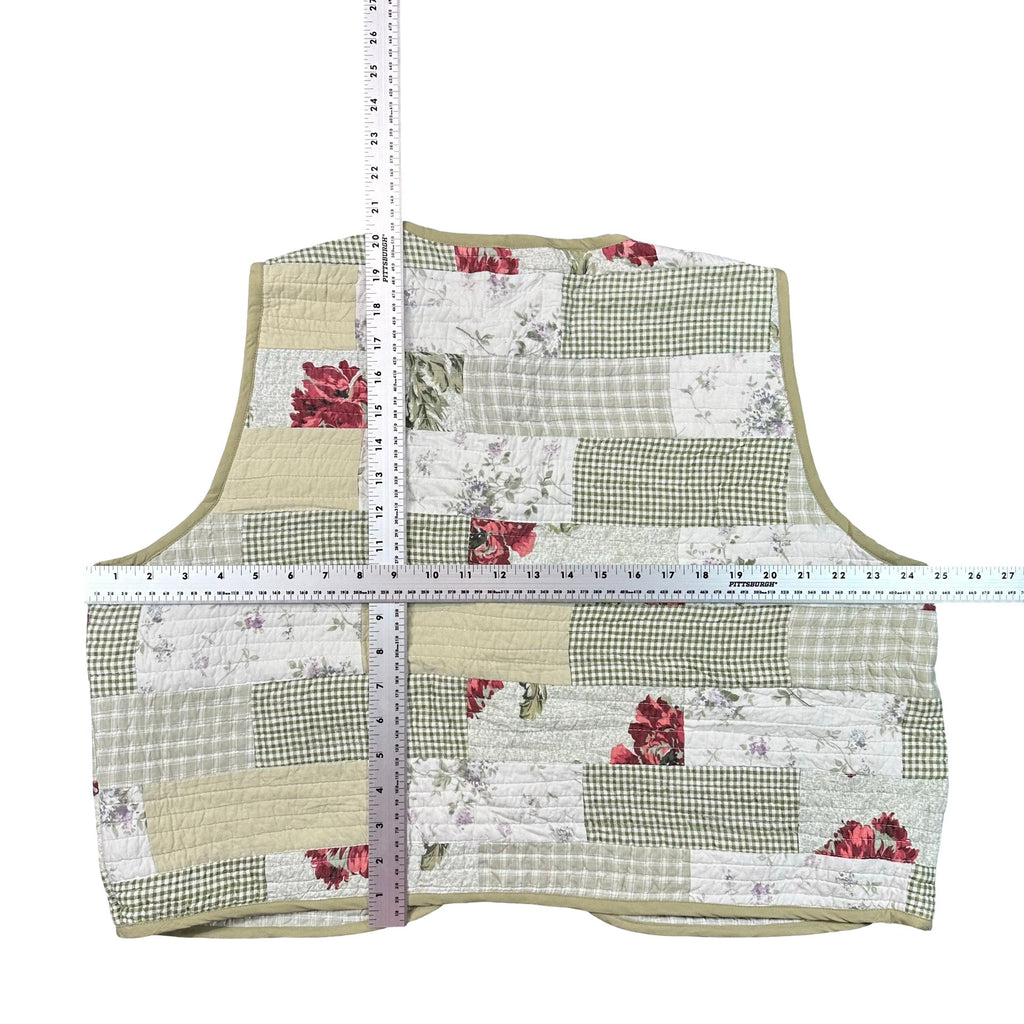 Sage Gingham and Rose 2XL quilted vest rework, flat lay measurements with tape measure