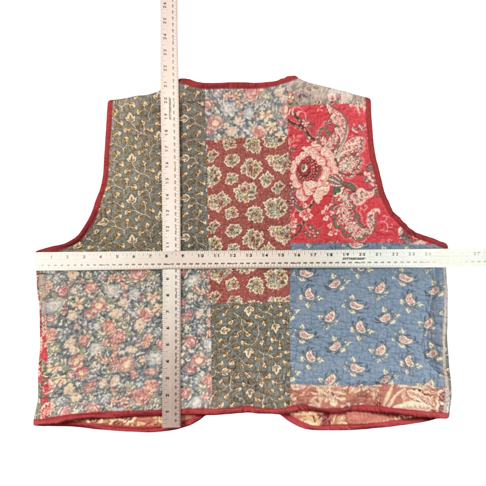 Country Calico 2XL quilted vest rework, flat lay measurements with tape measure