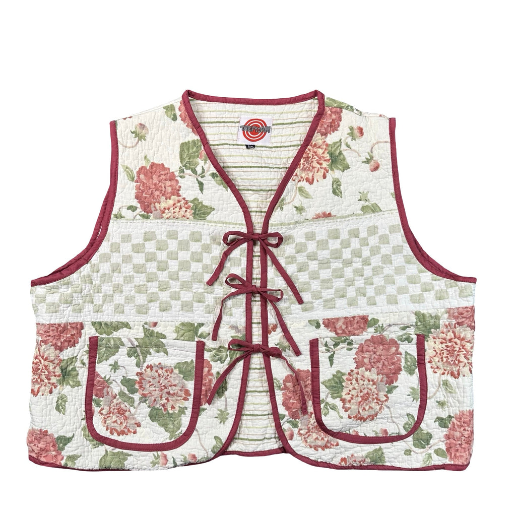 Coral Chrysanthemum 2XL quilted vest rework, front