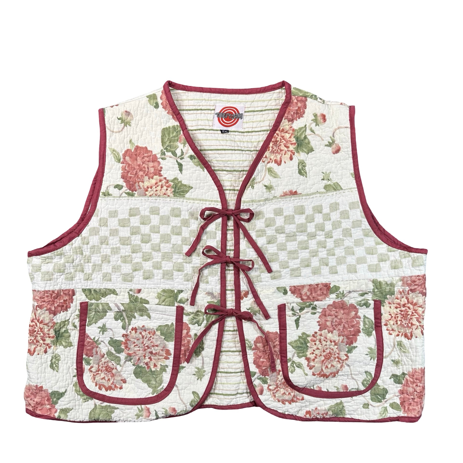 Coral Chrysanthemum 2XL quilted vest rework, front