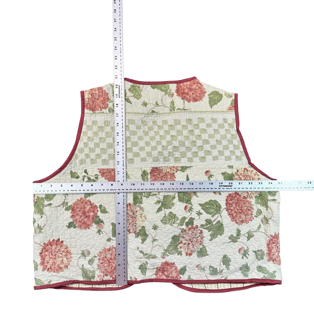 Coral Chrysanthemum 2XL quilted vest rework, flat lay measurements with tape measure