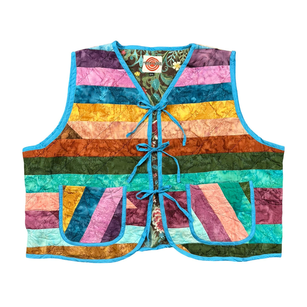 Rainbow Batik Stripe quilted vest rework, size 2XL, front
