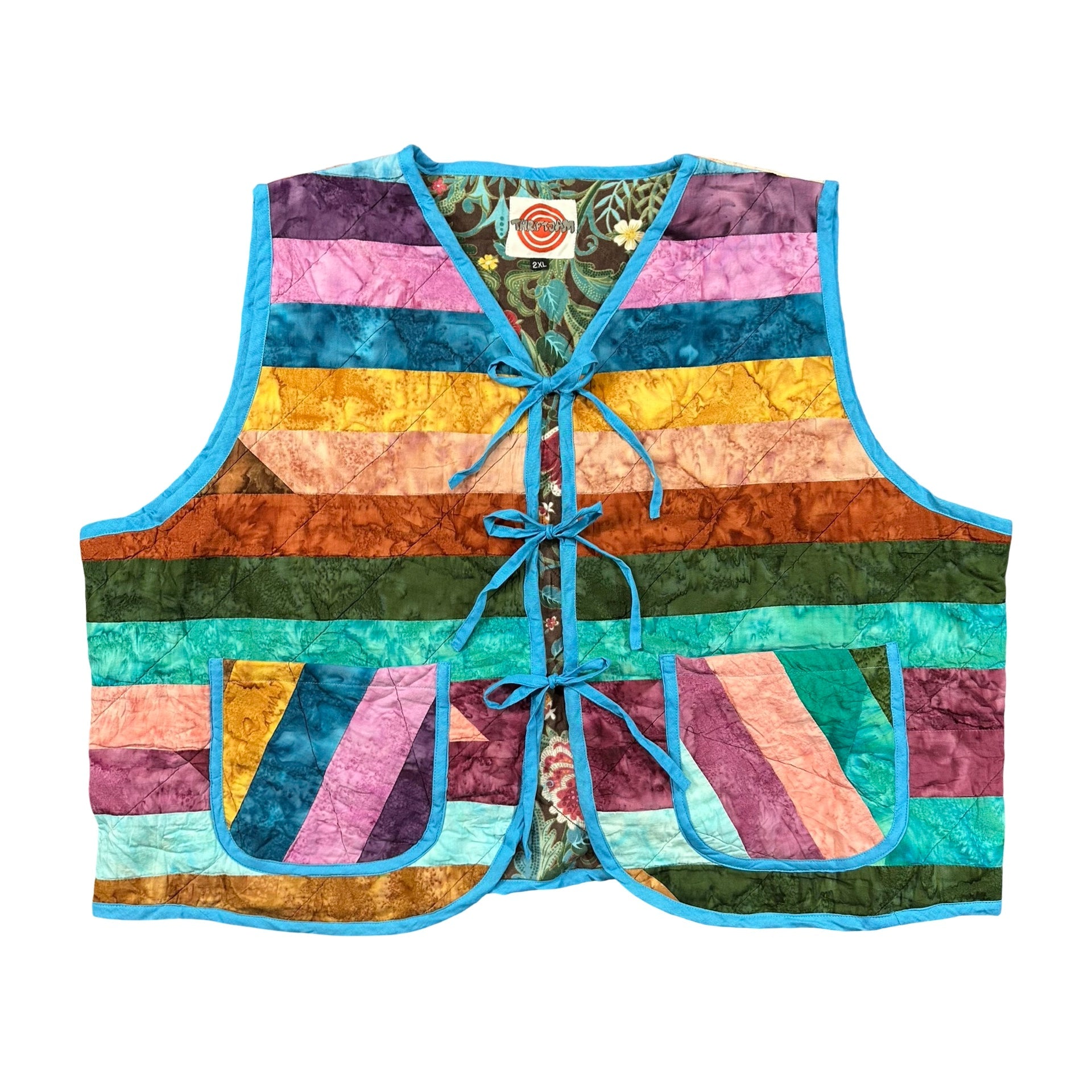Rainbow Batik Stripe quilted vest rework, size 2XL, front