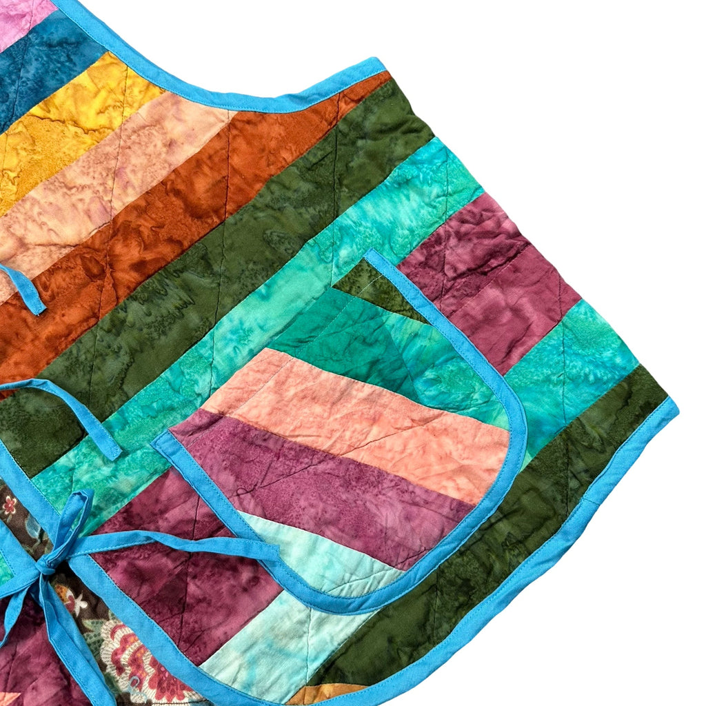 Rainbow Batik Stripe quilted vest rework, front pocket and quilting detail