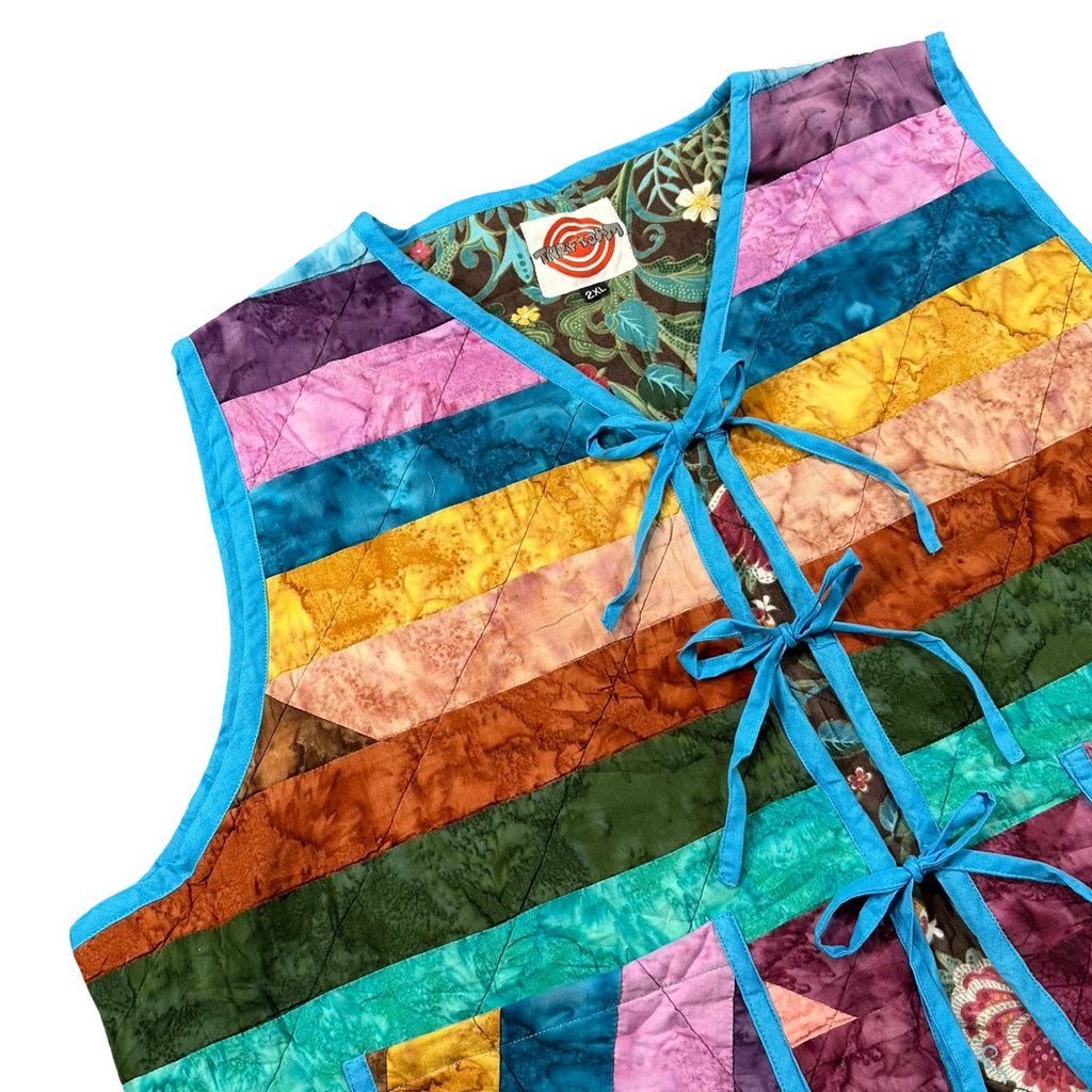 Rainbow Batik Stripe quilted vest rework, front tie closures detail