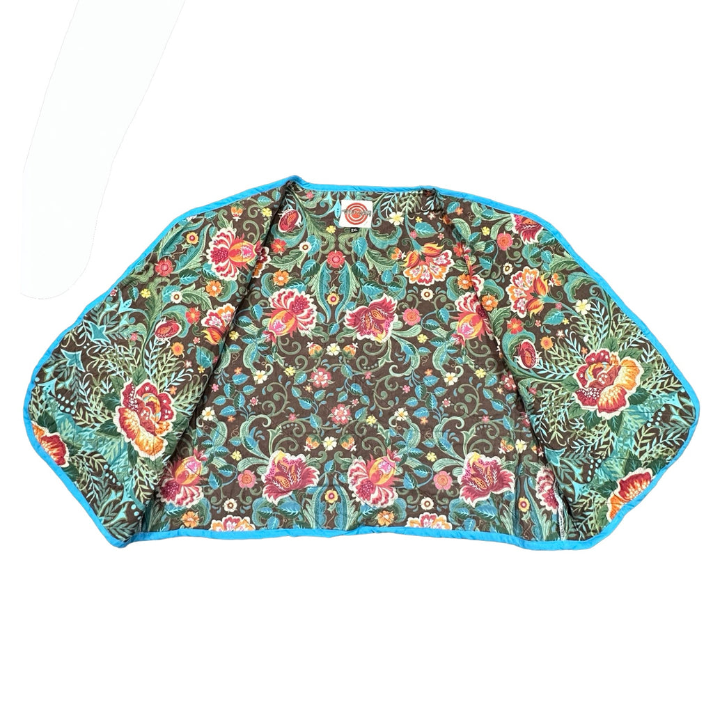 Rainbow Batik Stripe quilted vest rework, interior teal floral lining