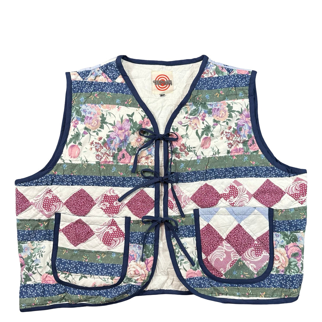 Navy Cottage Floral 2XL quilted vest rework, front