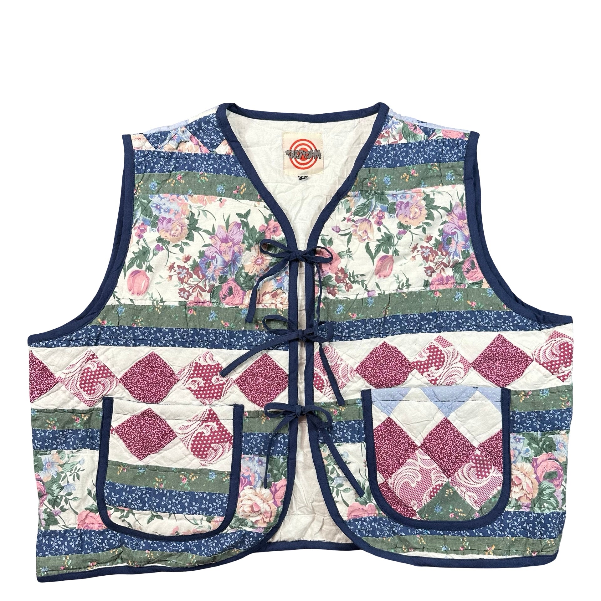 Navy Cottage Floral 2XL quilted vest rework, front