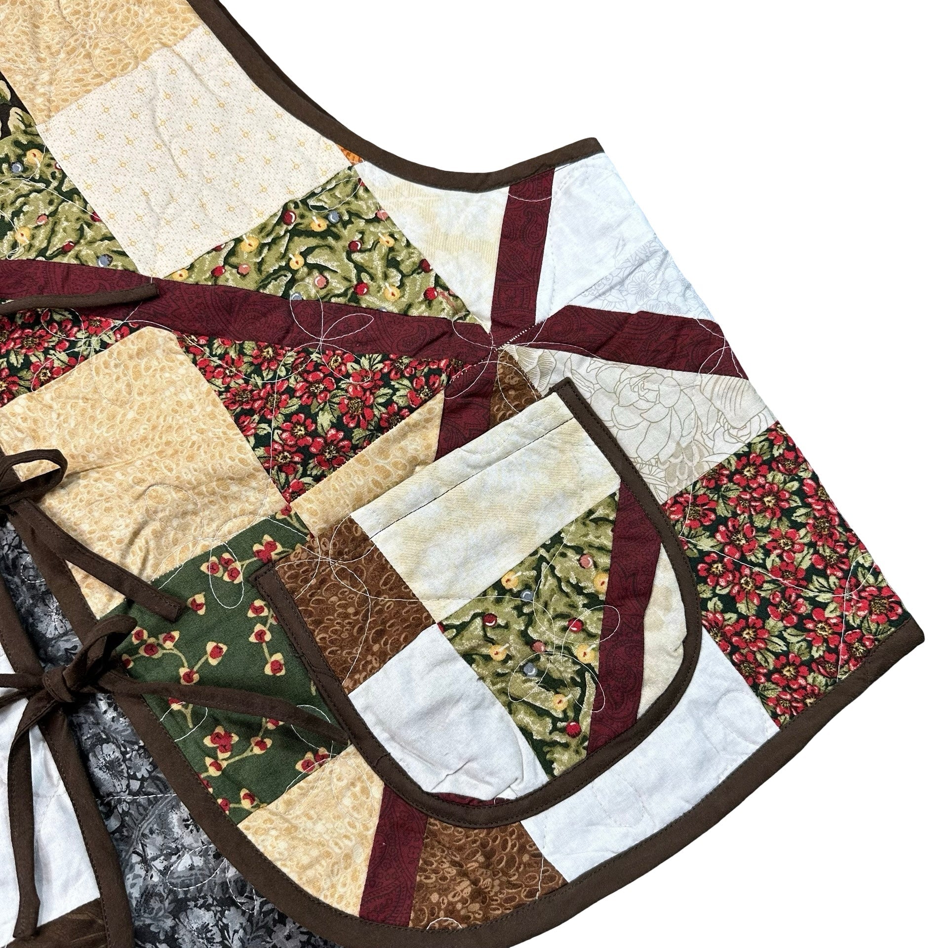 Woodland Patchwork 2XL quilted vest rework, front pocket and quilting detail
