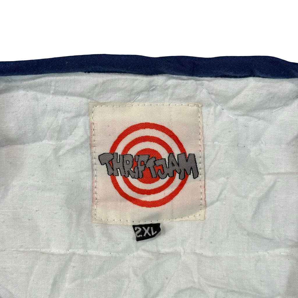 Navy Cottage Floral 2XL quilted vest rework, ThriftJam brand label size 2XL