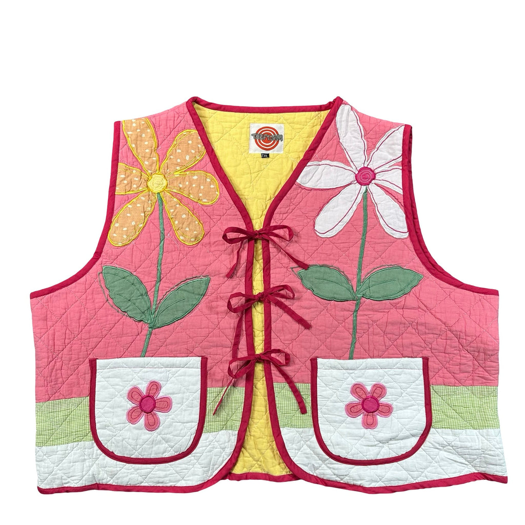 Pink Daisy Applique quilted vest rework, size 2XL, front
